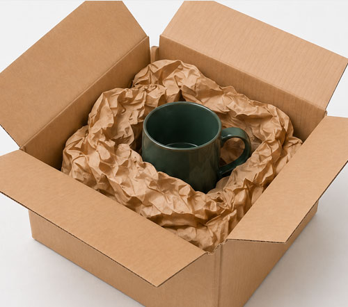 Corrugated Packaging Green mug in an open cardboard box with crumpled packing paper.
