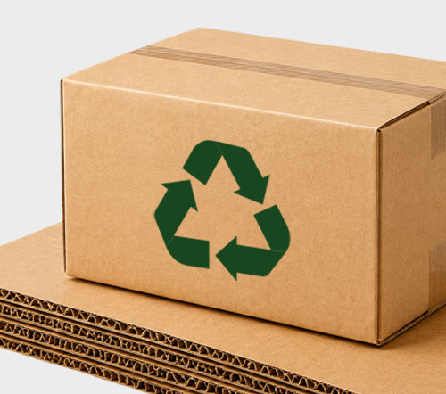 Sustainable Materials Cardboard box with a green recycling symbol on corrugated sheets.