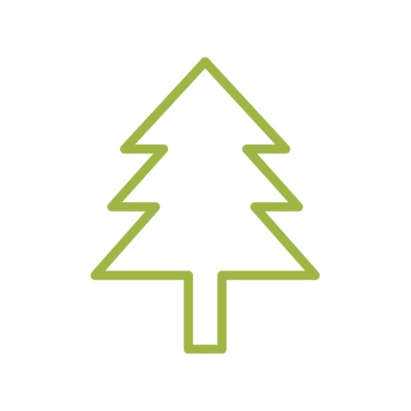 Responsible Sourcing Icon Simple green outline of a pine tree on a black background. The design conveys a minimalist and natural theme, with a calm and clean tone.