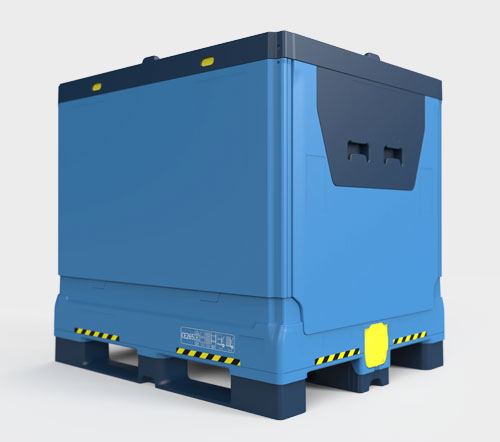 265 Gallon Returnable IBC Blue rectangular industrial container on a black pallet with yellow accents.