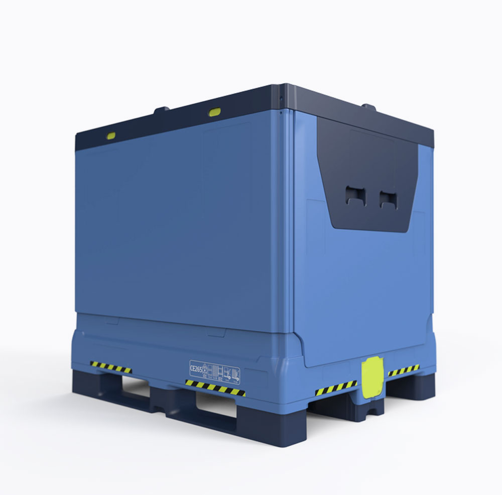 A large blue industrial container on a pallet base, featuring black accents and yellow-gray hazard stripes. It conveys sturdiness and is designed for heavy-duty use.