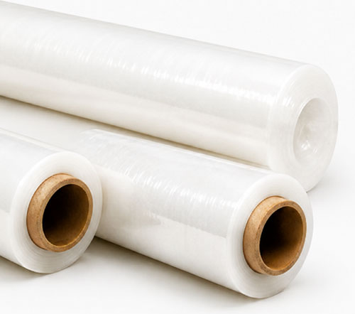 Stretch Film Three rolls of transparent plastic wrap on a white background.