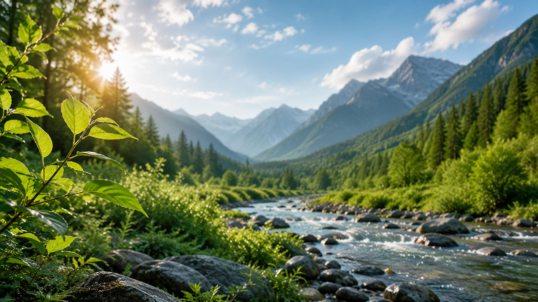 Sustainability Mountain landscape with a river, forest, and snowy peaks under a clear sky.
